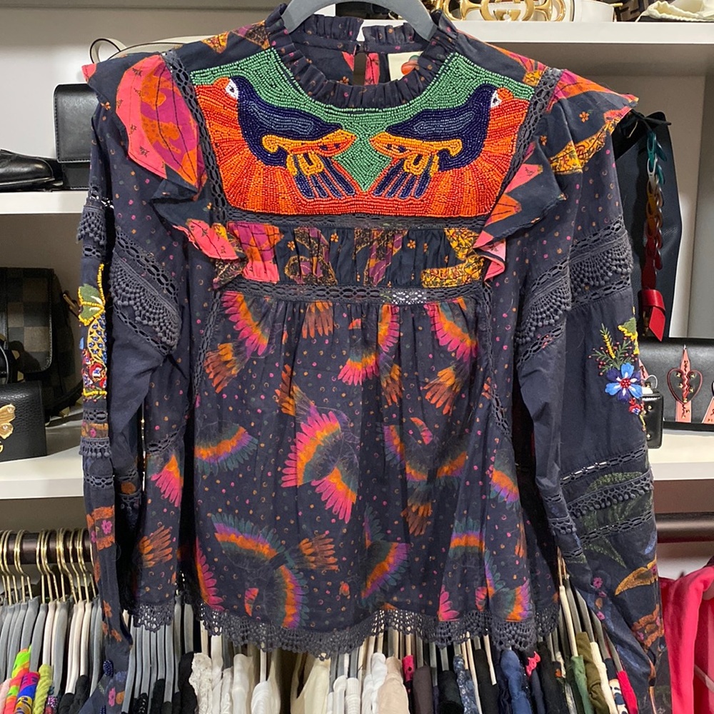 Mixed Rainbow Birds Embroidered Blouse NWT Navy